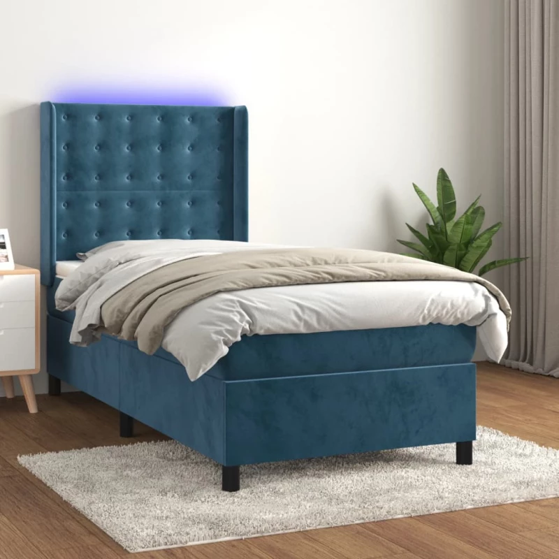 Κρεβάτι Boxspring με Στρώμα & LED Σκ. Μπλε 90x200 εκ. Βελούδινο Μπλε 3139785