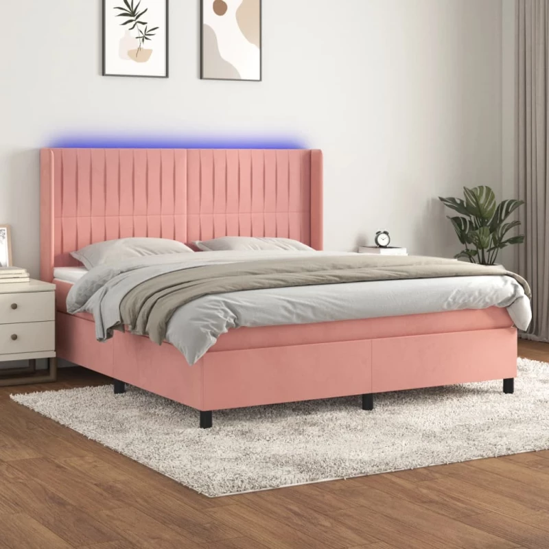 Κρεβάτι Boxspring με Στρώμα & LED Ροζ 160x200 εκ. Βελούδινο Ροζ 3139696
