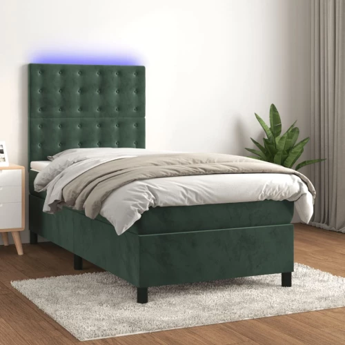 Κρεβάτι Boxspring με Στρώμα & LED Σκ. Πράσινο 90x200 εκ Βελούδο Πράσινο 3136344