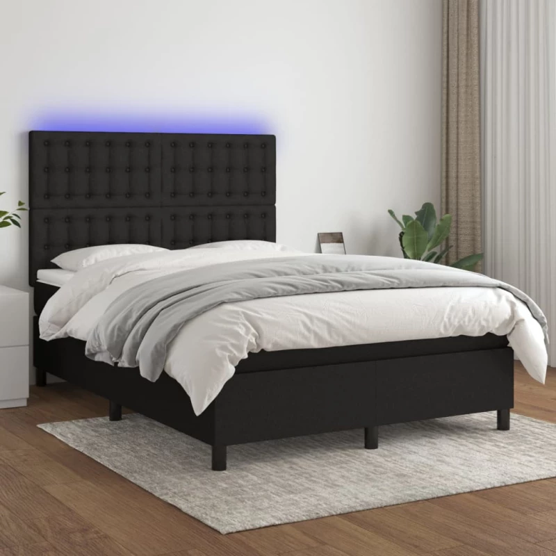 Κρεβάτι Boxspring με Στρώμα & LED Μαύρο 140x190 εκ. Υφασμάτινο Μαύρο 3135191