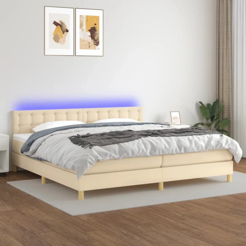 Κρεβάτι Boxspring με Στρώμα & LED Κρεμ 200x200 εκ. Υφασμάτινο Κρεμ 3134066