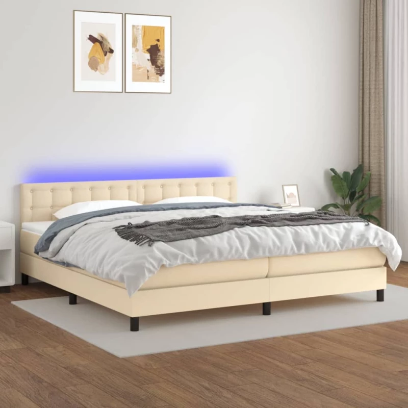 Κρεβάτι Boxspring με Στρώμα & LED Κρεμ 200x200 εκ. Υφασμάτινο Κρεμ 3133506