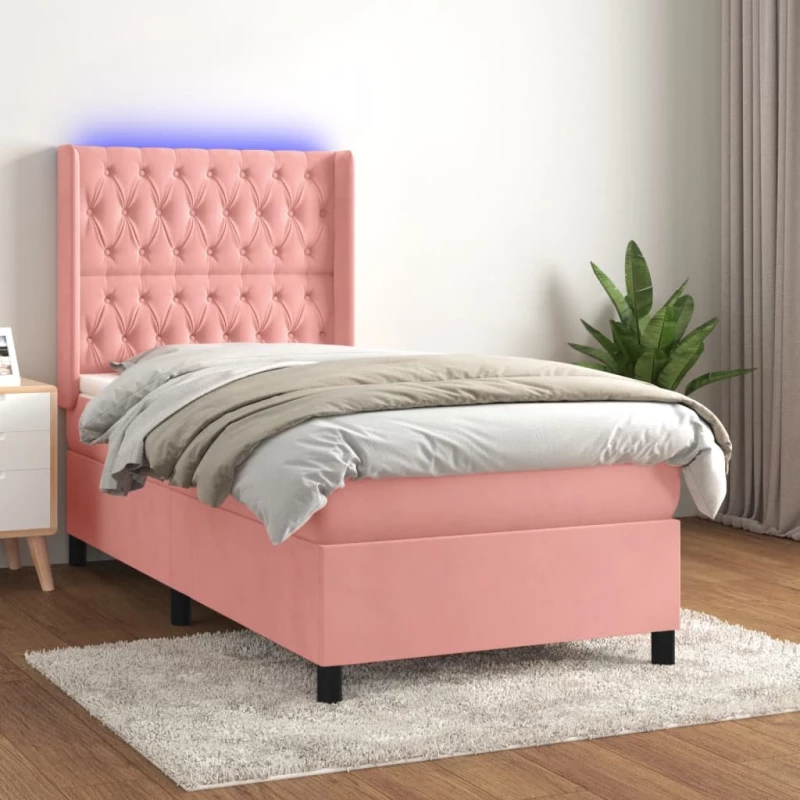 Κρεβάτι Boxspring με Στρώμα & LED Ροζ 90x200 εκ. Βελούδινο Ροζ 3139726