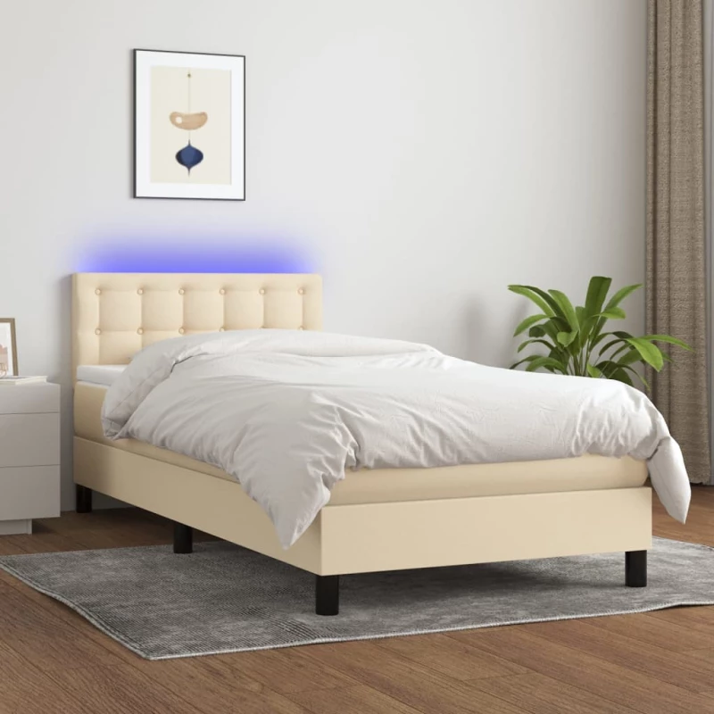 Κρεβάτι Boxspring με Στρώμα & LED Κρεμ 90x190 εκ. Υφασμάτινο Κρεμ 3133442