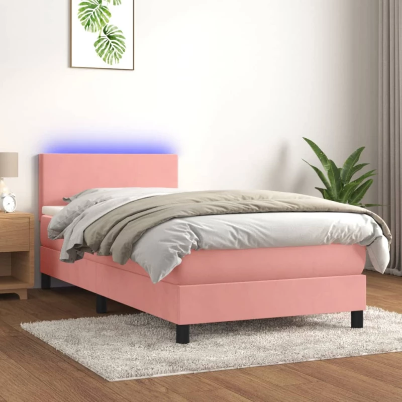 Κρεβάτι Boxspring με Στρώμα & LED Ροζ 90x190 εκ. Βελούδινο Ροζ 3134260