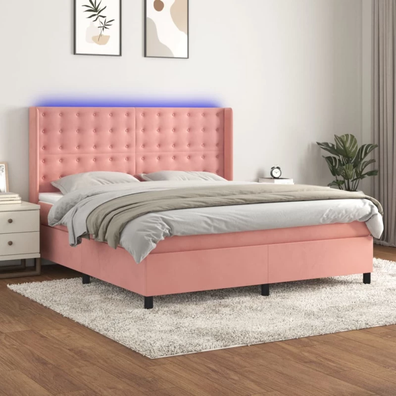 Κρεβάτι Boxspring με Στρώμα & LED Ροζ 160x200 εκ. Βελούδινο Ροζ 3139816