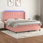 Κρεβάτι Boxspring με Στρώμα & LED Ροζ 160x200 εκ. Βελούδινο Ροζ 3139816