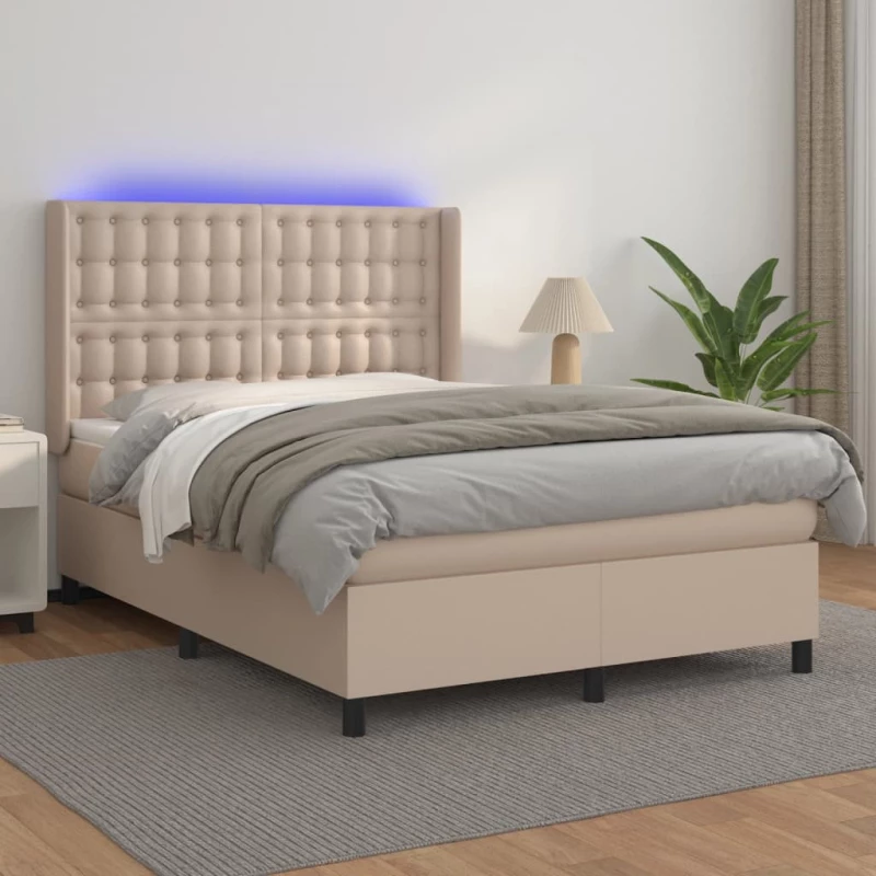 Κρεβάτι Boxspring Στρώμα&LED Καπουτσίνο 140x190 εκ. Συνθ. Δέρμα Καφέ 3139384