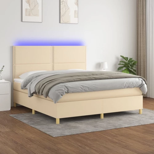 Κρεβάτι Boxspring με Στρώμα & LED Κρεμ 180x200 εκ. Υφασμάτινο Κρεμ 3135378