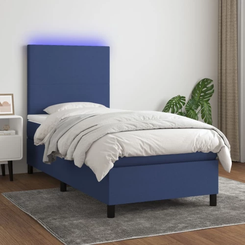 Κρεβάτι Boxspring με Στρώμα & LED Μπλε 90x190 εκ. Υφασμάτινο Μπλε 3134683