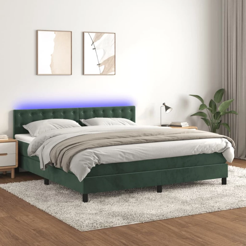 Κρεβάτι Boxspring με Στρώμα & LED Σκ. Πράσινο 160x200εκ Βελούδο Πράσινο 3134654