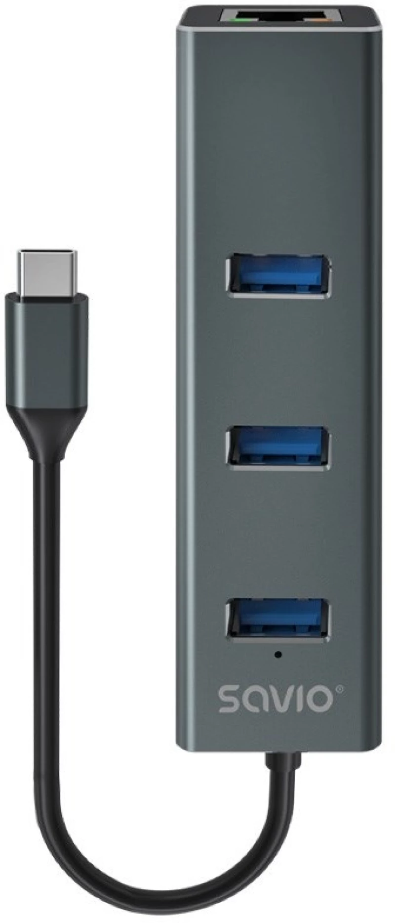 Savio AK-57 USB-C - 3 x USB-A HUB with RJ-45 Gigabit Ethernet adapter, 5000 Mbit/s, grey
