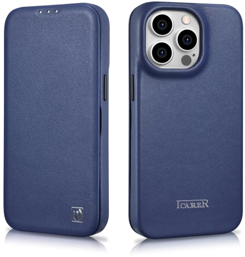 iCarer CE Premium Leather Folio Case iPhone 14 Pro Max Magnetic Flip Leather Folio Case MagSafe Blue (WMI14220716-BU)