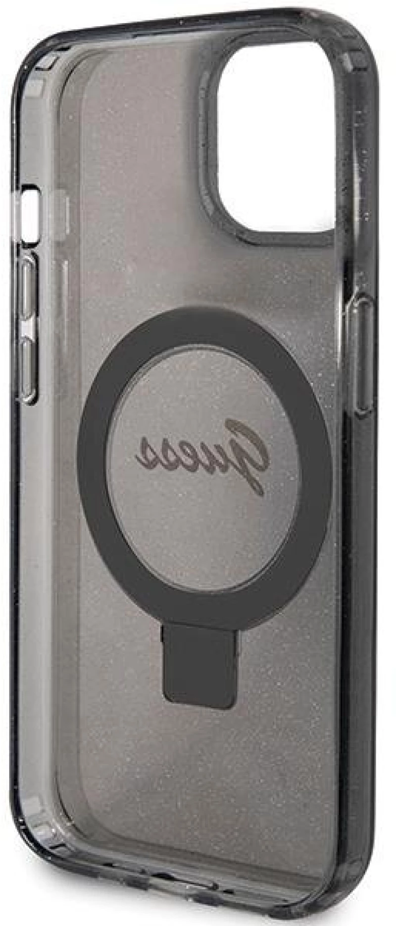 Guess Ring Stand Script Glitter MagSafe case for iPhone 13 / 14 / 15 - black