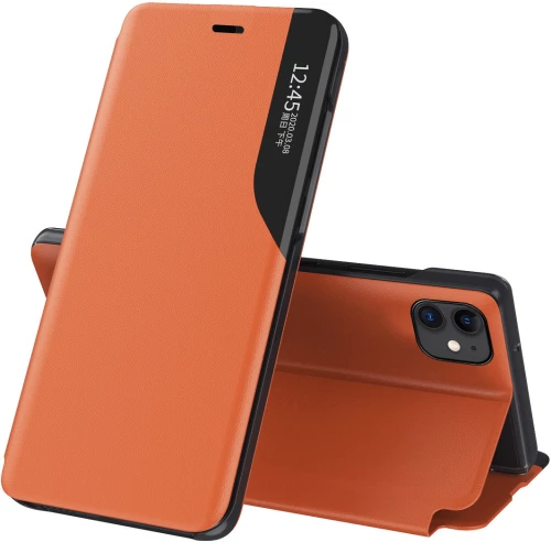 Eco Leather View Case elegant bookcase type case with kickstand for iPhone 13 Pro Max orange