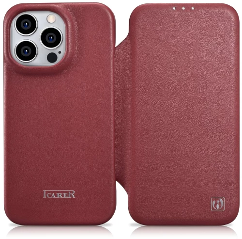 iCarer CE Premium Leather Folio Case iPhone 14 Pro Magnetic Flip Leather Folio Case MagSafe Red (WMI14220714-RD)
