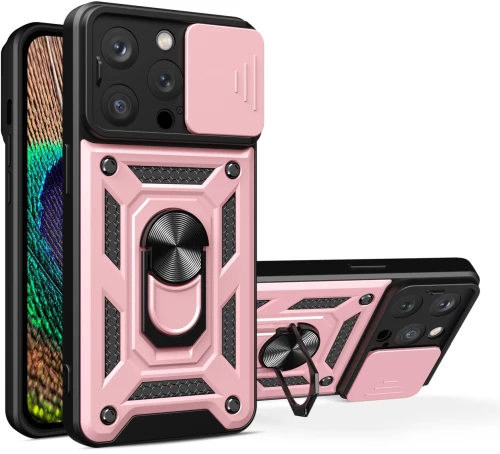 Hybrid Armor Camshield case with stand and camera cover for iPhone 15 Pro - pink