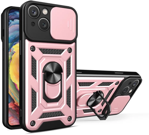 Hybrid Armor Camshield case with stand and camera cover for iPhone 15 - pink