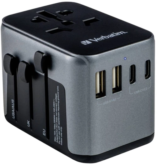 Travel Adapter Verbatim Universal With Usb-c Pd & Qc, Usb-c & 3 Usb-a Ports