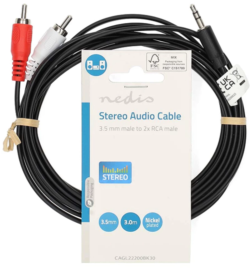 Καλώδιο ήχου 3,5mm stereo αρσ. - 2x RCA αρσ., 3.00m NEDIS CAGL22200BK30