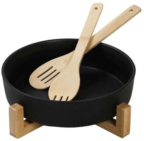 Σαλατιέρα Με Κουτάλες Σε Βάση (Σετ 4Τμχ) TVL105 26,7x26,7x9,8cm Black Espiel Large Πορσελάνη,Bamboo