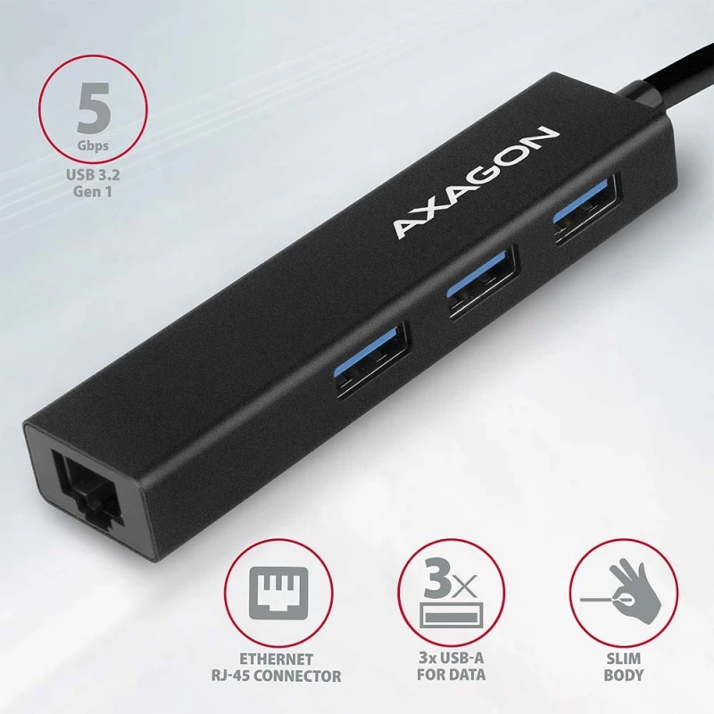 Axagon USB-A 3.2 HUB 3x USB-A + Ethernet Gigabit LAN, 20cm Μεταλλικό Μαύρο HMA-GL3A
