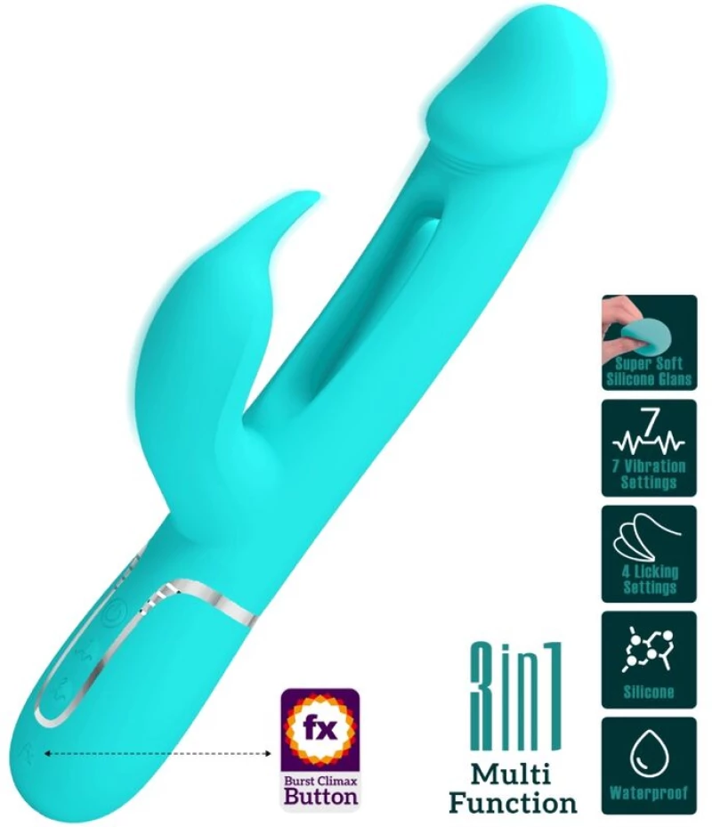 PRETTY LOVE - KAMPAS RABBIT 3 IN 1 MULTIFUNCTION VIBRATOR WITH TONGUE AQUA GREEN