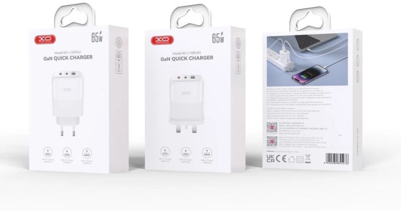 XO L139 Φορτιστής 65W GaN 1xUSB-A + 2xUSB-C, Λευκός