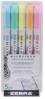 Zebra Mildliner Double Ended Brush Pen & Marker Bold & Fine Point 5 Pack Fluorescent Set (ZB-79105) (ZEB79105)