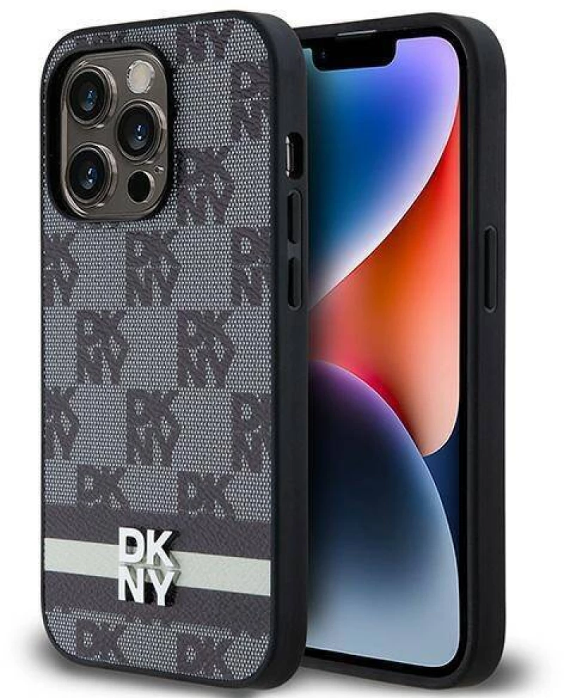 Original Case IPHONE 14 PRO DKNY Hardcase Leather Checkered Mono Pattern & Printed Stripes (DKHCP14LPCPTSSK) black 3666339263171