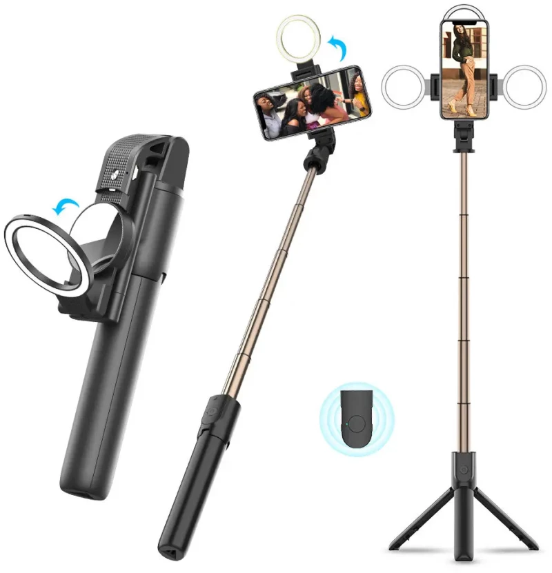 Techsuit - Selfie Stick (K13) - Compact Tripod Mount with Bluetooth Remote Control, LED Beauty Light, Foldable, 84cm - Black