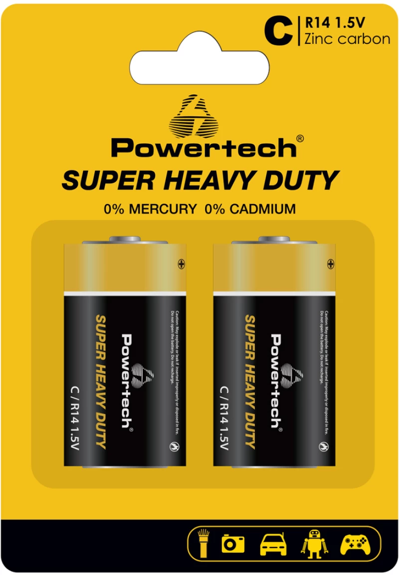 POWERTECH μπαταρίες Zinc Carbon Super Heavy Duty PT-1221, R14 1.5V, 2τμχ