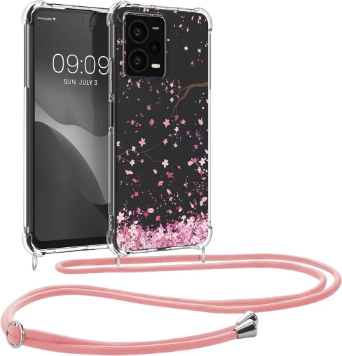 KWmobile Διάφανη Θήκη Σιλικόνης με Λουράκι Λαιμού - Xiaomi Redmi Note 12 Pro 5G / Poco X5 Pro - Cherry Blossoms / Cherry Petals / Pink / Dark Brown / Transparent (60716.01)
