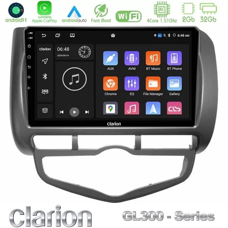 Clarion GL300 Series 4Core Android11 2+32GB Honda Jazz 2002-2008 (Auto A/C) Navigation Multimedia Tablet 9" Με Carplay & Android U-GL3-HD101N