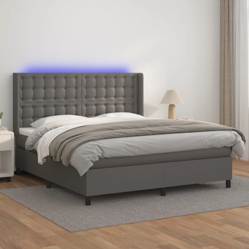 Κρεβάτι Boxspring με Στρώμα & LED Γκρι 160x200 εκ. Συνθ. Δέρμα Γκρι 3139395