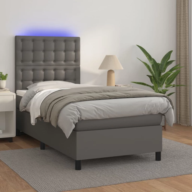 Κρεβάτι Boxspring με Στρώμα & LED Γκρι 80x200 εκ. Συνθ. Δέρμα Γκρι 3135913