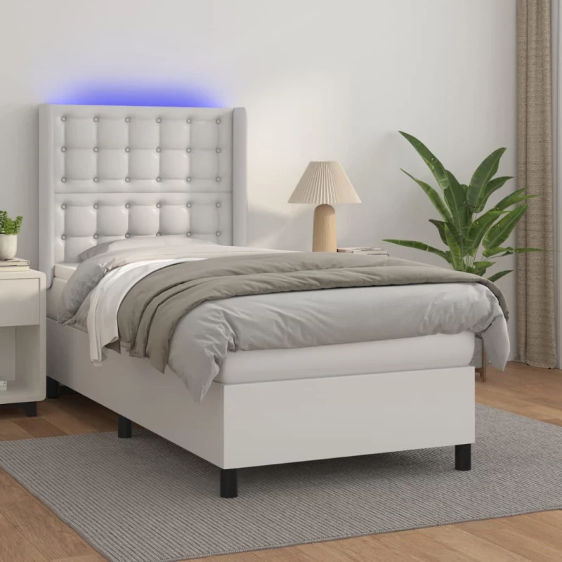 Κρεβάτι Boxspring με Στρώμα & LED Λευκό 100x200 εκ. Συνθ. Δέρμα Λευκό 3139368
