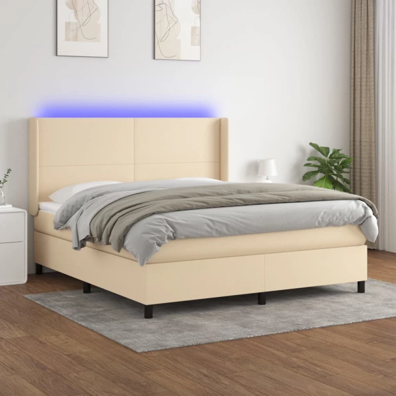 Κρεβάτι Boxspring με Στρώμα & LED Κρεμ 160x200 εκ. Υφασμάτινο Κρεμ 3138170