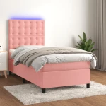 Κρεβάτι Boxspring με Στρώμα & LED Ροζ 90x190 εκ. Βελούδινο Ροζ 3136340