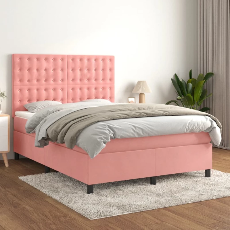 Κρεβάτι Boxspring με Στρώμα Ροζ 140x190 εκ. Βελούδινο Ροζ 3143264