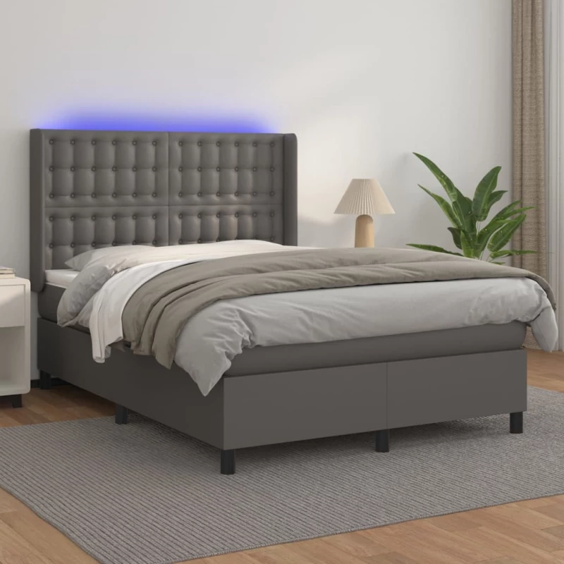 Κρεβάτι Boxspring με Στρώμα & LED Γκρι 140x200 εκ. Συνθ. Δέρμα Γκρι 3139389