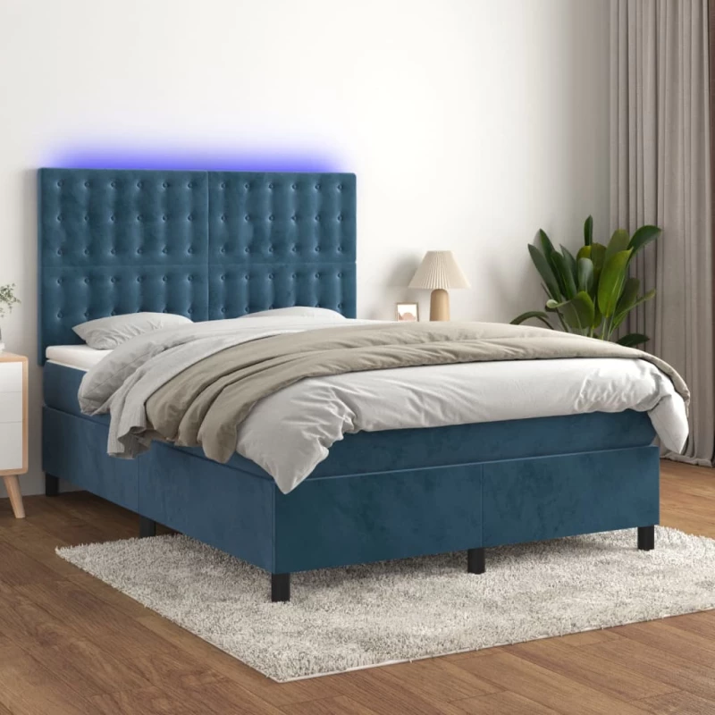 Κρεβάτι Boxspring με Στρώμα & LED Σκ. Μπλε 140x200εκ. Βελούδινο Μπλε 3136369