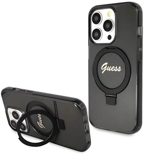 Guess Θήκη IML Ring Stand Glitter MagSafe iPhone 15 Pro Black