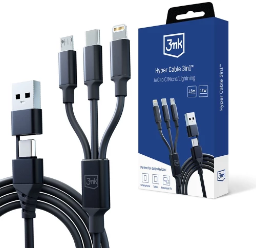 3mk Hyper Cable 3in1 USB-A - USB-C / USB-C - micro USB - Lightning 1.5m - black