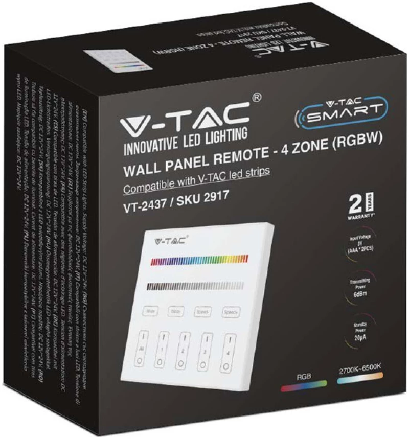 V-TAC Επιτοίχιο Controller Αφής WiFi 4 Ζωνών για Ταινίες LED RGB+W Άσπρο 2917