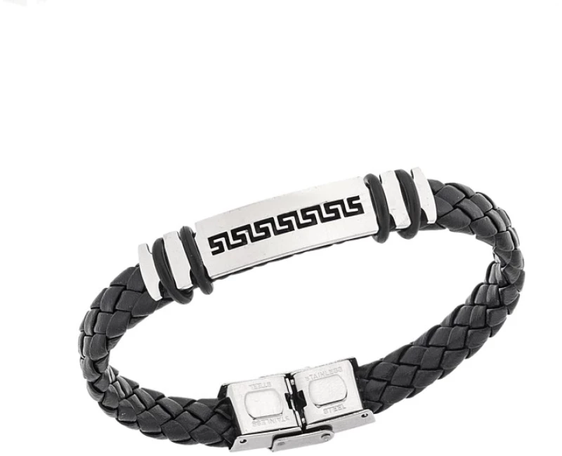 Βραχιόλι Senza Men's Steel, Ατσάλι με μαίανδρο και μαύρη δερματίνη
