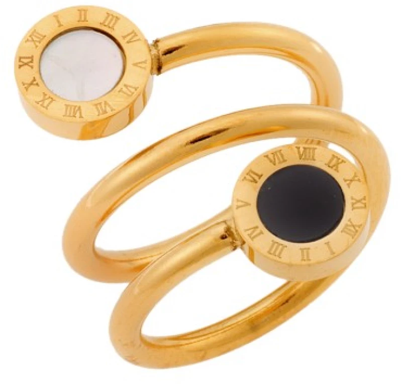 Δαχτυλίδι Senza Gold Plated Steel, φαρδύ με ασπρόμαυρα στοιχεία