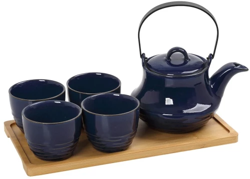 Ritual σετ για τσάι μπλε γυαλιστερό χρώμα με δίσκο από μπαμπού 30x17x12 εκ