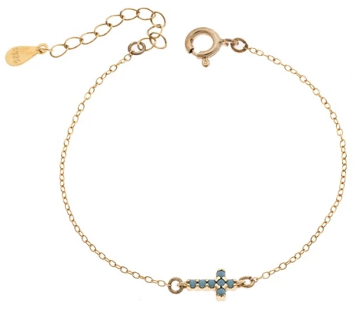 Βραχιόλι Senza Silver 925 Gold Plated, σταυρός με τυρκουάζ & λευκά ζιργκόν διπλής όψης