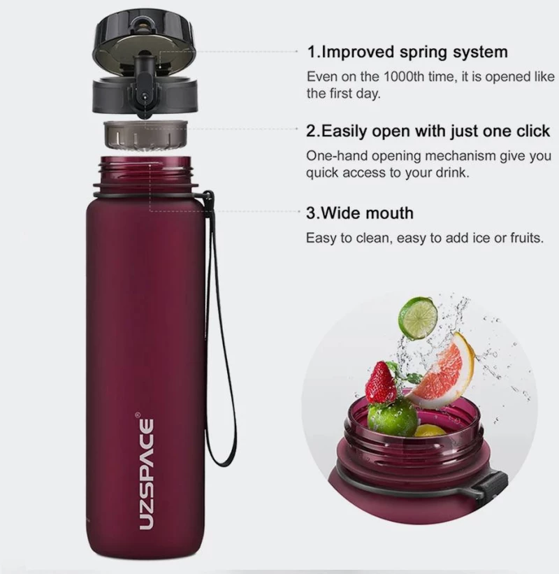 UZSPACE Leakproof Tritan Bpa Free Plastic Water Bottle 1000ml - 3038-BLACK-WHITE